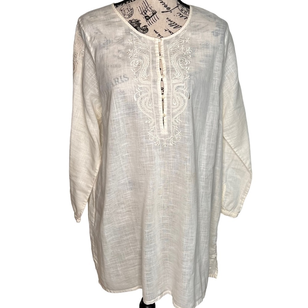 J Crew Ivory Linen Blend Embroidered 3/4 Sleeve Tunic Top Size XL Coastal Boho